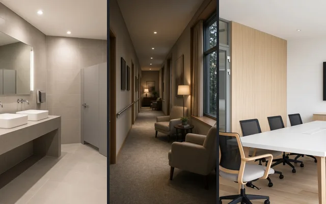 Washroom, handrails and meeting desks
