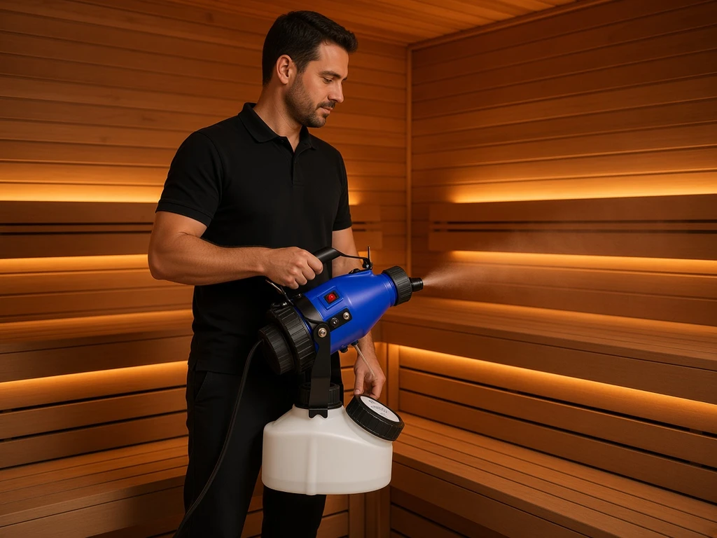 Operator using the handheld misting machine on timber sauna benches