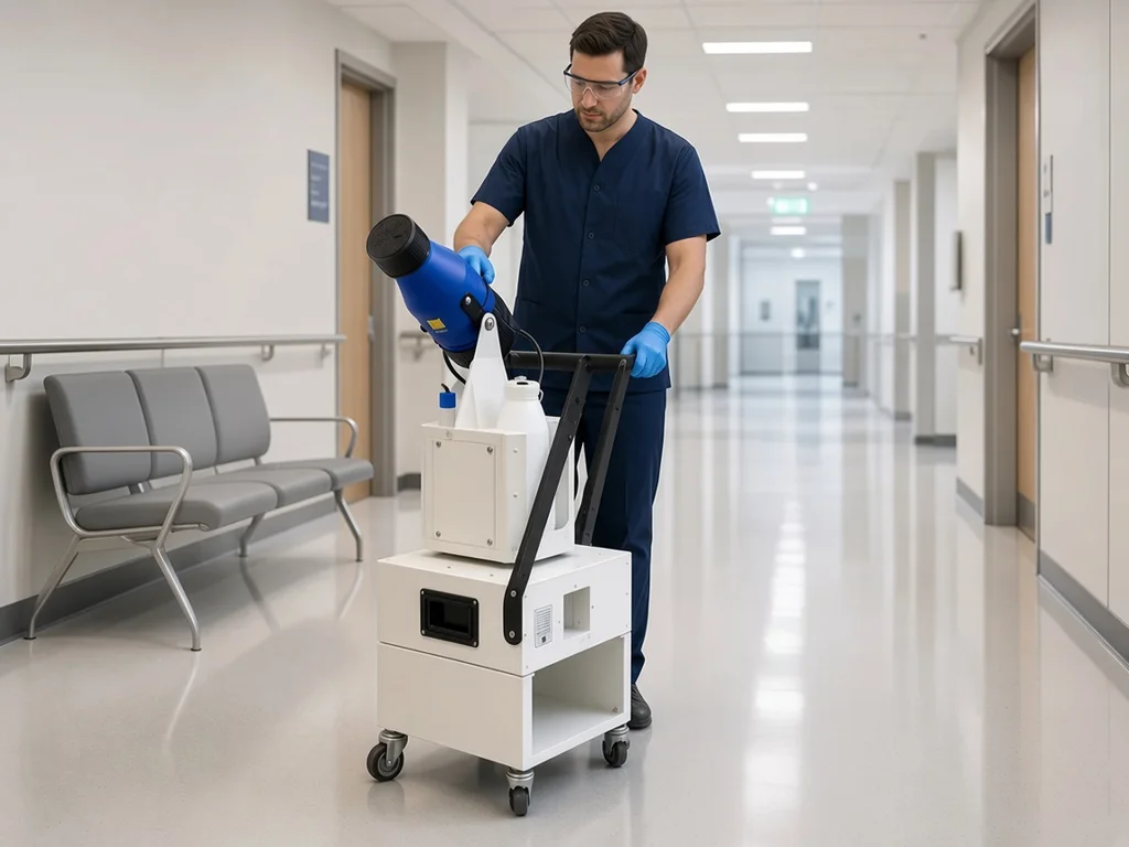 Cleaner operating the MicroSafe 360 in an empty hospital corridor