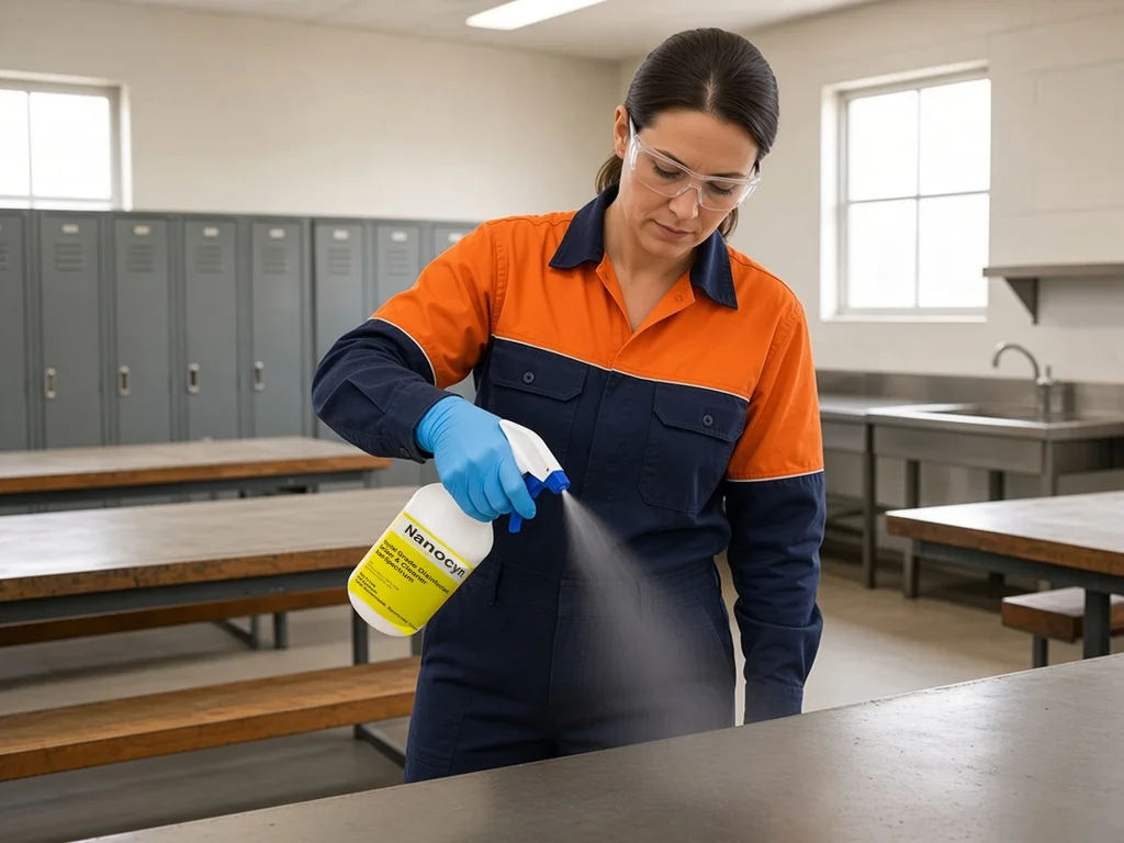 Worker spraying Nanocyn Advanced onto a crib room table
