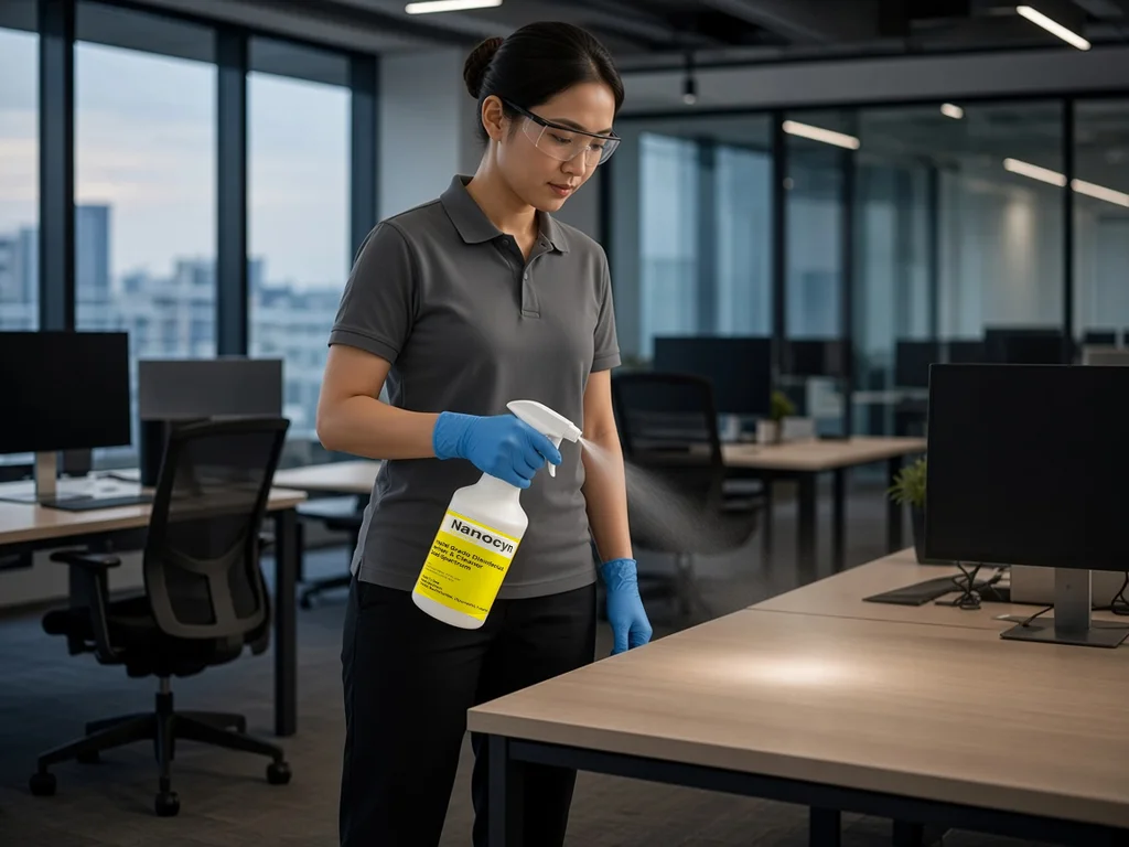 Cleaner spraying Nanocyn Advanced onto an office desk